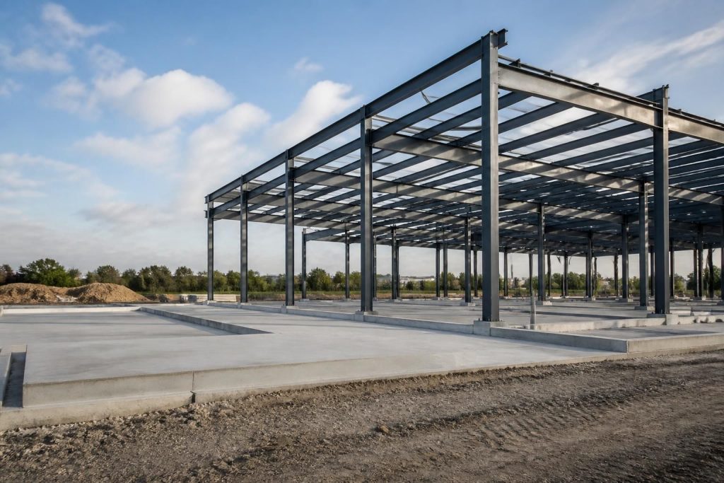 Commercial steel frame construction site with concrete foundations under natural light.