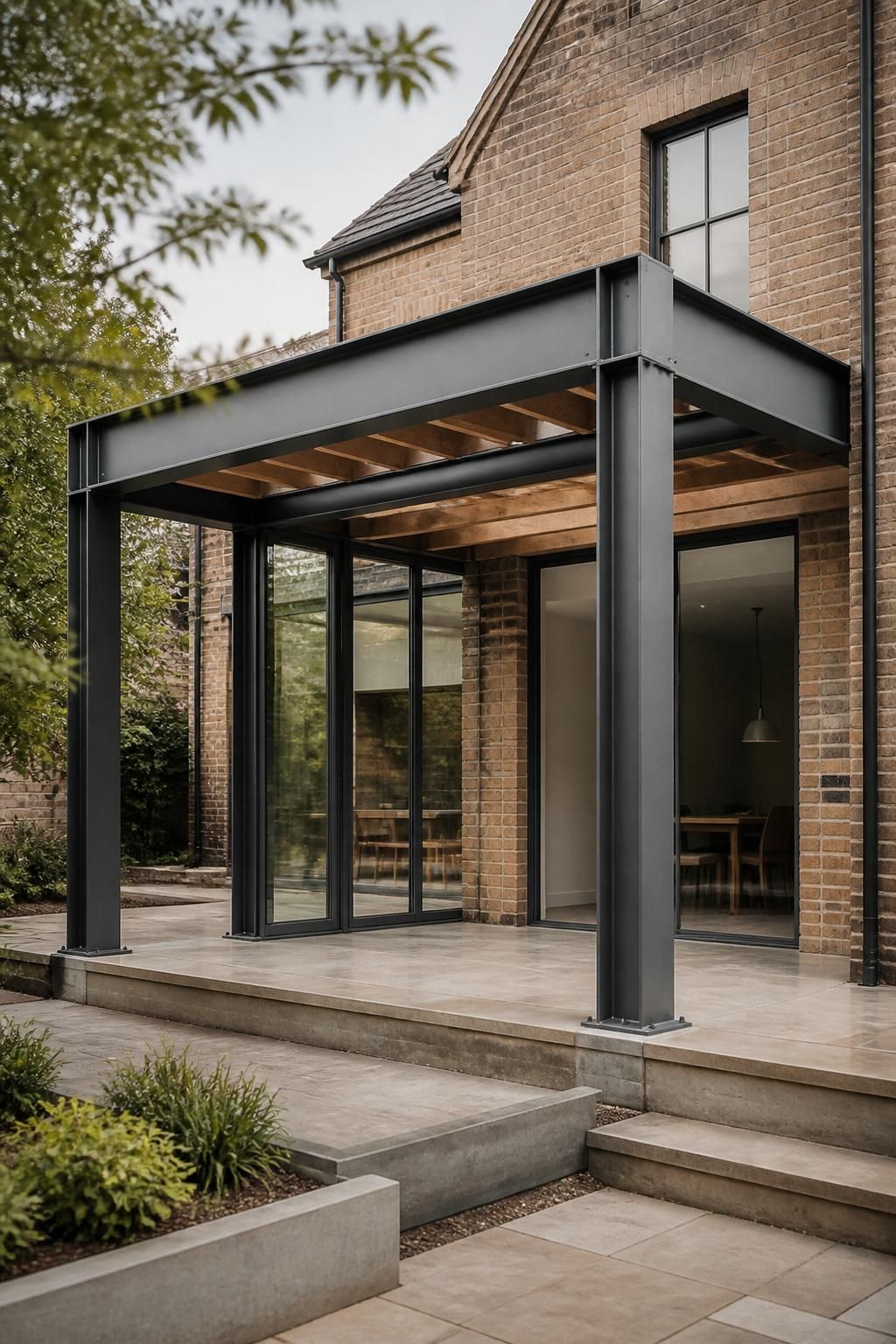 Organized construction site with finished steel elements and clean surroundings.